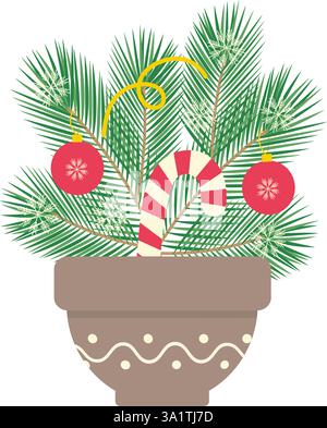 Flower pot Mocha Mousse painted Candy Cane and Spruce twigs decorated New Year decor and snowflakes. Isolated Vector illustration Thematic cards or web promo banner, leaflets, print materials or tags Stock Vector