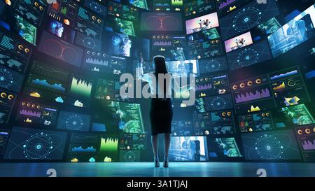 Woman interacting with curved digital screens displaying data analytics, global connections, cybersecurity metrics. Stock Photo