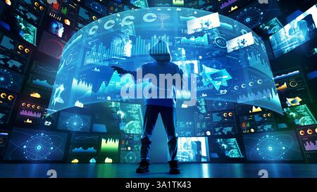 Hacker in hoodie interacting with futuristic holographic data interface surrounded by cybersecurity analytics. Stock Photo