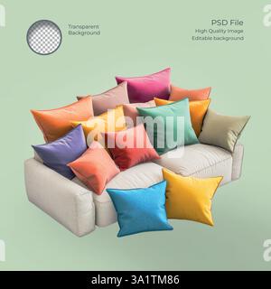 A Set of Colorful Cushions Resting on a Modern Sofa Composed with a Transparent Background Stock Vector