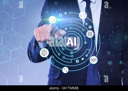 Artificial intelligence. Businessman using virtual screen against light background, closeup. AI abbreviation and icons Stock Photo