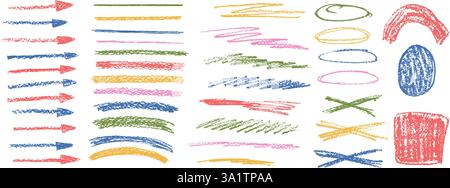 Chalk emphasis figure set. Crayon underline and arrows. Pencil scribble lines elements. Vector hand drawn brush stroke collection illustration on whit Stock Vector