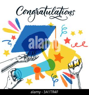 Graduation banner, poster, greeting card design template with diploma, mortarboard gold cup in human hands. Vector hand drawn sketch illustration. Edu Stock Vector