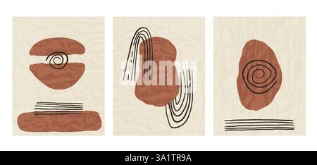 Japandi textured posters set. Abstract boho arch interior wall decor. Vector geometry and organic shapes and curve lines background zen aesthetic. Vin Stock Vector