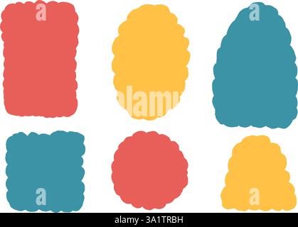 Kids scallop shape set. Childish text boxes frames pack. Oval, circle and rectangle figures. Vector hand drawn Quotation callouts kindergarten sticker Stock Vector
