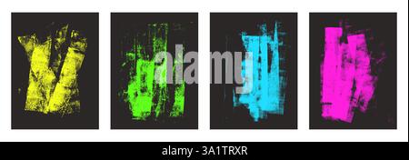 Linocut urban texture. Ink roller brayer background. Grunge letterpress rectangles. Dry yellow, blue and green striped lines on dark background. Paint Stock Vector