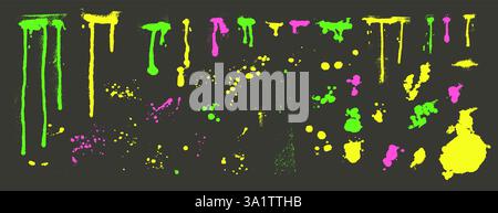 Paint spray splatters lines set. Grunge graffiti splashes and drips pack. Ink spots and blob wet dust shapes. Collage smudge uneven stripes. Dirty spa Stock Vector