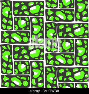 Vibrant Camouflage seamless pattern. Animal print black and electric green endless background. Cheetah or panther skin texture modular repeat bg. Bent Stock Vector