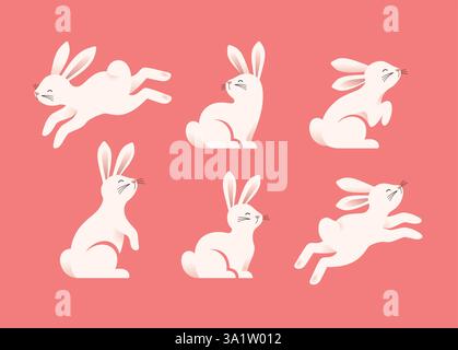 Easter white bunny silhouettes with smooth shapes and soft gradient shadows on a pink background. Simple modern graphic elements. EPS10 vector. Stock Vector
