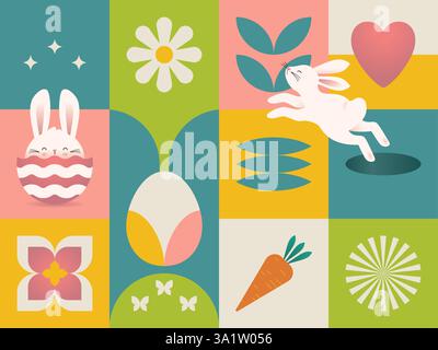 Modern easter seamless pattern with traditional elements and modern grid composition. Soft easter colors, smooth shapes. Minimalist and bauhaus inspired design. Vector art. Stock Vector