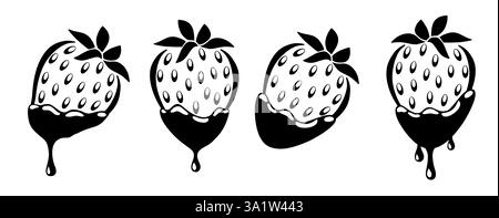 Chocolate covered strawberry icon set. Sweet food illustration. Dripping melting chocolate on a juicy strawberry. Stock Vector