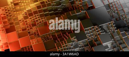 Futuristic geometric abstract background with metallic cubes in orange and yellow light creating modern digital technology structure with reflections Stock Photo