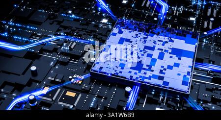 Next-generation AI processor on modern motherboard, cutting-edge computing power, data transmission, neural system, electronic components. 3d illustra Stock Photo