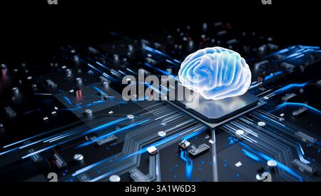 3D illustration of artificial intelligence brain on microchip, neural processor with blue circuits, futuristic technology concept, digital brain, AI, Stock Photo