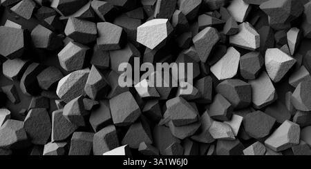 Realistic stone texture with angular rock formations, grayscale geometric pattern, rough solid surface, abstract mineral structure, dark background an Stock Photo