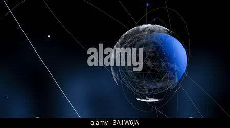 Glowing digital Earth hologram with blue continents, futuristic technology, global network connections, modern cyberspace, high-tech communication, wo Stock Photo