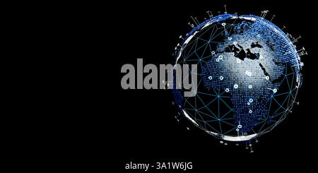 Digital holographic Earth with glowing lines, futuristic global network, technology concept, abstract world map, data visualization, cyber space, high Stock Photo