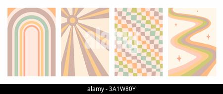 Abstract psychedelic retro pattern set. Groovy backgrounds in retro colors. Trendy wavy vector texture in abstract y2k style. Vector graphic for Stock Vector