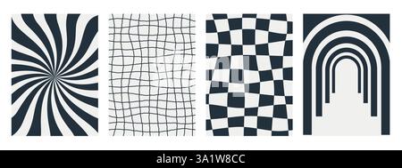 Abstract Groovy backgrounds. Set of psychedelic retro patterns in black and white colors. Trendy twisted and checkered vector texture in abstract y2k Stock Vector