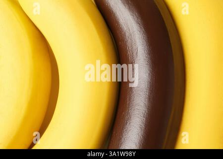 Stop racism. One dark banana among yellow ones as background, top view Stock Photo