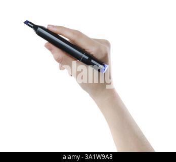 Woman with double sided marker on white background, closeup Stock Photo