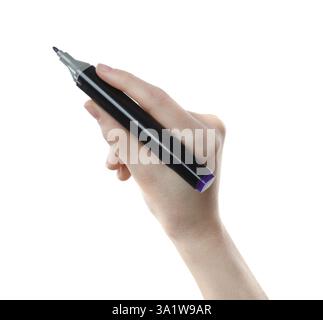Woman with double sided marker on white background, closeup Stock Photo