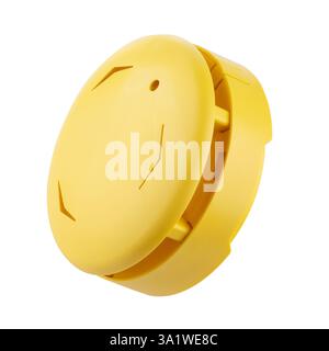 Yellow smoke detector with circular shape and flat top designed to be mounted on wall or ceiling Stock Photo