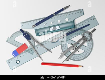 Geometry Construction Instruments Architecture tools. Architect drafting stationery top view. Interior or ...
