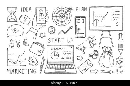 Business doodle. Startup sketch elements. Money earning. Economy profit graphic. Project presentation. Computer and smartphone screen. Productivity ti Stock Vector