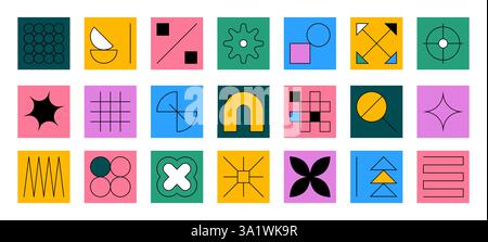 Minimal icons. Blueprint line shapes, architecture imagination symbols. Digital conceptual brutalism squares. Creative isolated graphic geometry. Cont Stock Vector