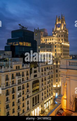 Night view of Edificio Telefonica (Telefonica Building), Gran Via, Madrid, Spain Stock Photo