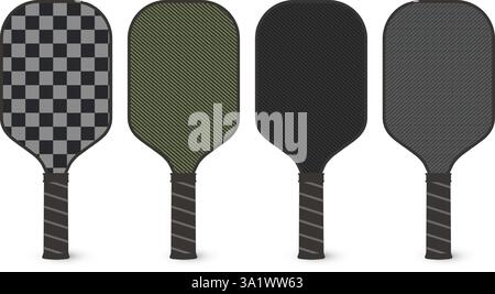 Pickleball paddle with different skin materials in realistic scale. Modern textures and colors of racket set for play. High-quality sports equipment Stock Vector
