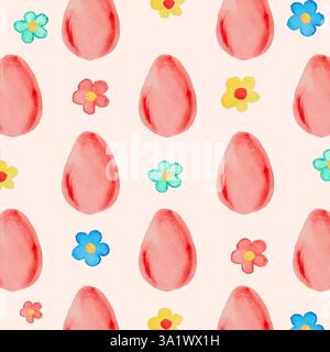 Seamless pattern with red watercolor easter eggs and flowers on beige background. Objects for design. Easter concept. Stock Photo