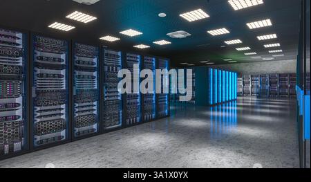 Server room hosting big data with futuristic lighting in data center 3d Stock Photo