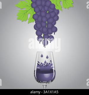 A creative vector illustration of a fresh bunch of purple grapes dripping juice into a glass. Stock Vector