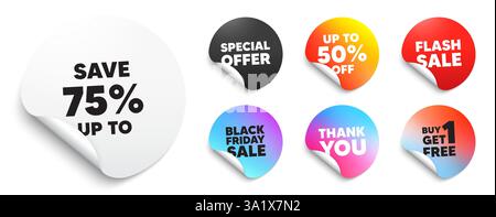 Save up to 75 percent. Discount Sale offer price sign. Sticker offer tags. Vector Stock Vector