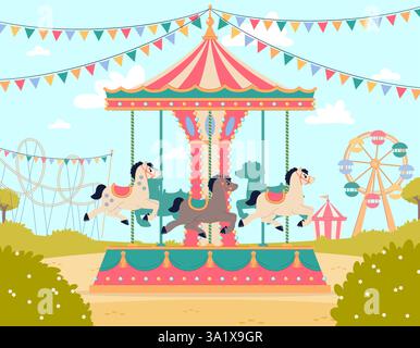 Swings at amusement park. Childish entertainment. Merry-go-round with horses. Kids attraction. Empty carousel carnival and festival. Funfair wheel Stock Vector