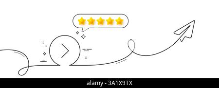 Forward arrow line icon. Continuous line with share plane. Next Arrowhead symbol. Next navigation pointer sign. Five star rate review in speech bubble Stock Vector