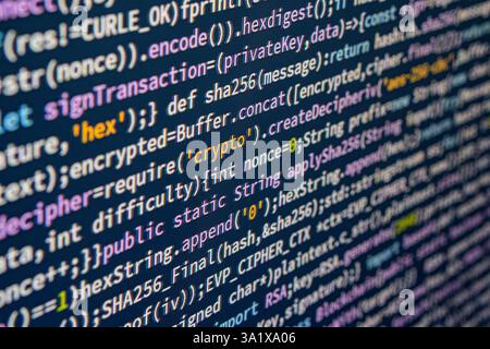 Image showcases a high-resolution, blurred background photo of a computer screen displaying cryptography or coding content The text contains terms lik Stock Photo