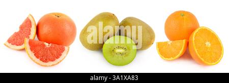 Ripe juicy kiwi, orange and grapefruit isolated on white background. There is free space for text. Collage. Wide photo. Stock Photo