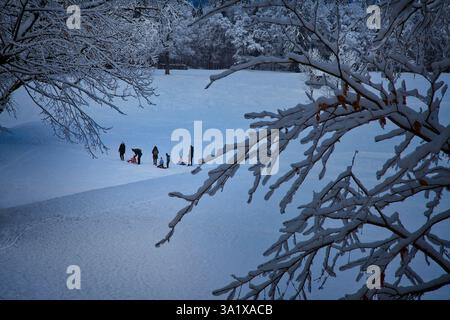 DE - BAVARIA: Two families enjoying the glorious winter below the Kalvarienberg at Bad Toelz, Oberbayern (Photo: Edmund Nagele FRPS) Stock Photo