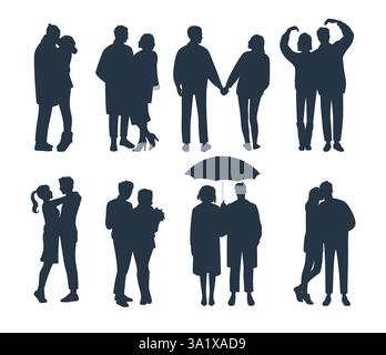 Set silhouettes pairs men and women. Romantic girls and guys hugging, holding hands, happy loving characters. Black isolated elements. Girlfriend and Stock Vector