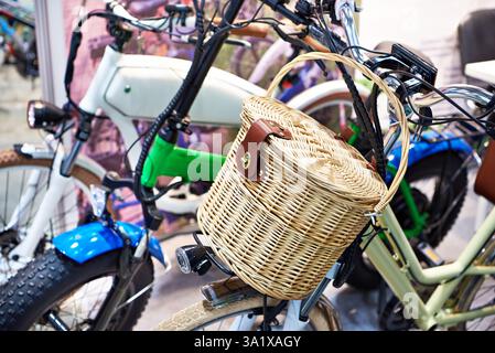 Vintage wicker basket on a bicycle Stock Photo