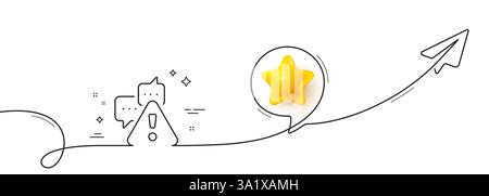Warning line icon. Continuous line with share plane. Attention triangle sign. Caution alert symbol. 3d star in speech bubble. Warning single line ribb Stock Vector
