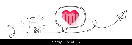 Qr code line icon. Continuous line with share plane. Scan barcode sign. Checklist document symbol. 3d heart in speech bubble. Qr code single line ribb Stock Vector