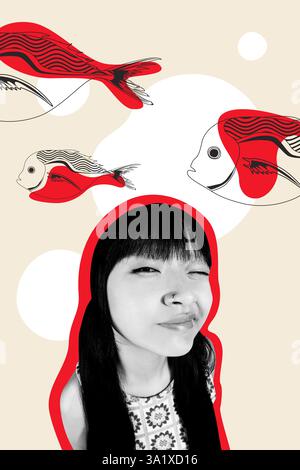 Sketch template design 3D photo collage composite of asia culture design pattern japanese ornamental fish young lady portrait smile wink Stock Photo