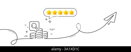 Inspect line icon. Continuous line with share plane. Budget accounting sign. Search money symbol. Five star rate review in speech bubble. Inspect sing Stock Vector