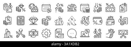 Tax line icons. Settings gear, Message, Inflation icons. Mortgage rate, Money credit and finance payroll set. Increase percent rate, return overpaymen Stock Vector