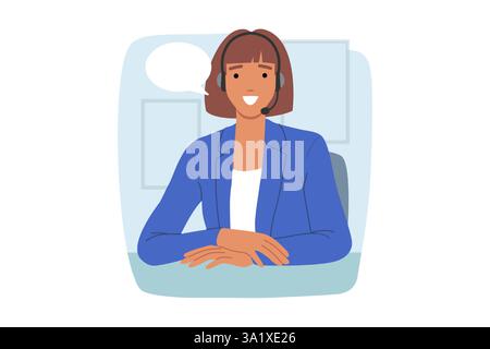 Woman call center operator smiles while sitting at office desk, using headset to consult clients Stock Vector