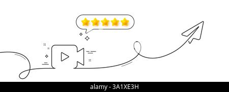 Video Camera line icon. Continuous line with share plane. Movie or Cinema sign. Multimedia symbol. Five star rate review in speech bubble. Video camer Stock Vector